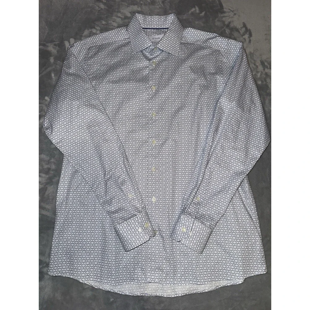 Eton Contemporary Long Sleeve Blue Geometric Size XL 43 17 Collar‎ Formal